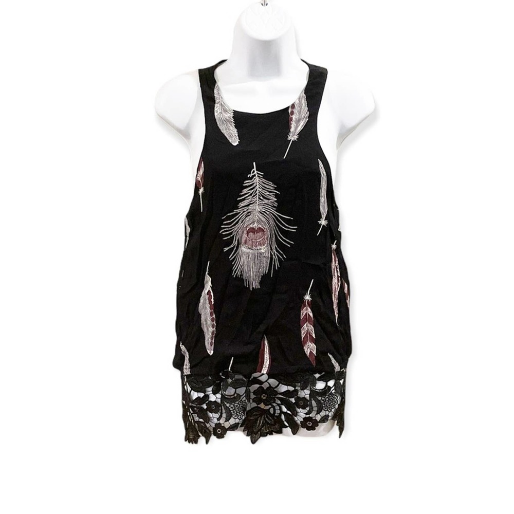 Line & Dot Feather Tank Top Black Sleeveless M